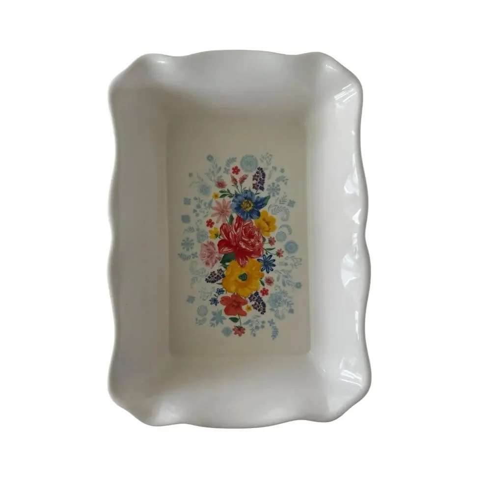 The Pioneer Woman Floral 9x13 Ceramic Rectangular Baking Dish White, DW/MC Safe